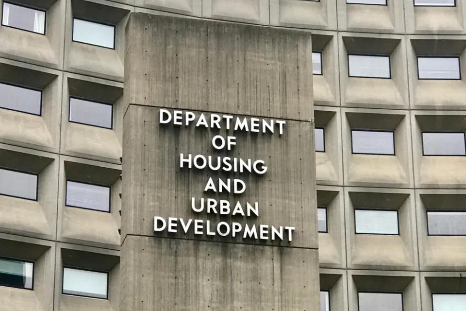Concrete building wth Department of Housing and Urban Development sign